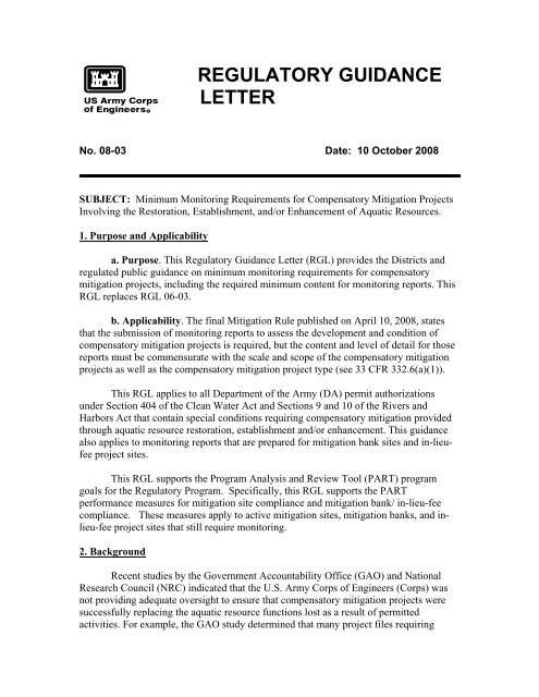 REGULATORY GUIDANCE LETTER - U.S. Army