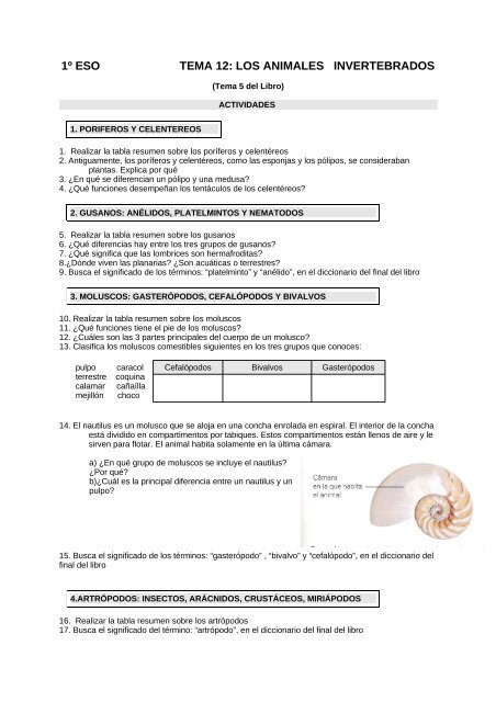 1º Eso Tema 12 Los Animales Invertebrados Dolmen De Soto