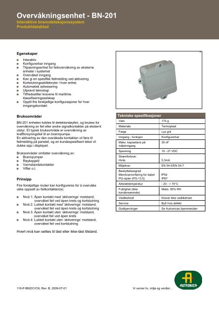 OvervÃ¥kningsenhet - BN-201 - Autronica - Autronica Fire and Security