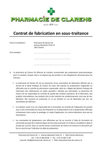 Contrat de fabrication en sous-traitance - Pharmacie de Clarens