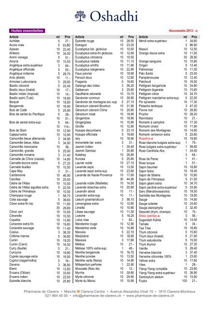 Gamme Oshadhi - Liste de prix - Pharmacie de Clarens