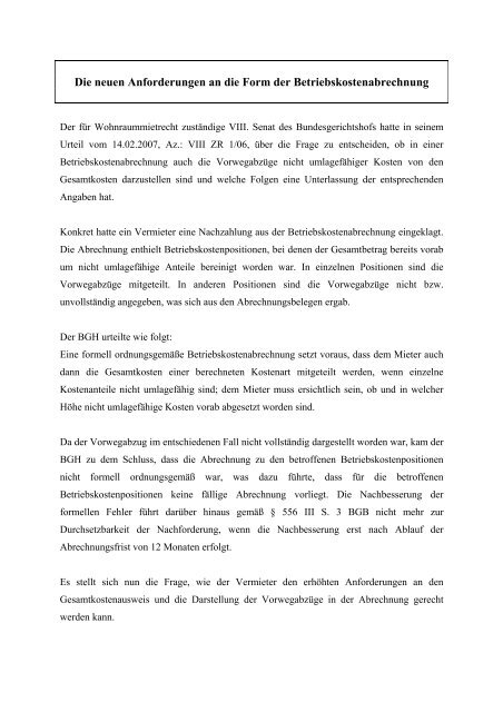 Die Neuen Anforderungen An Die Form Der Betriebskostenabrechnung