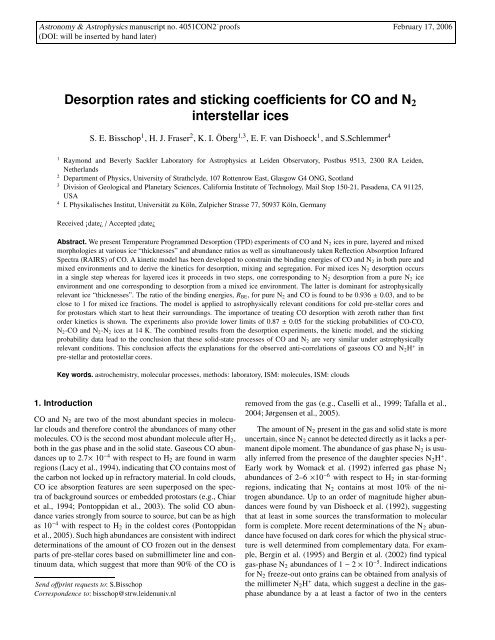 Desorption rates and sticking coefficients for CO and N2 interstellar ...