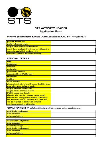 STS Activity Leader Application Form 2013