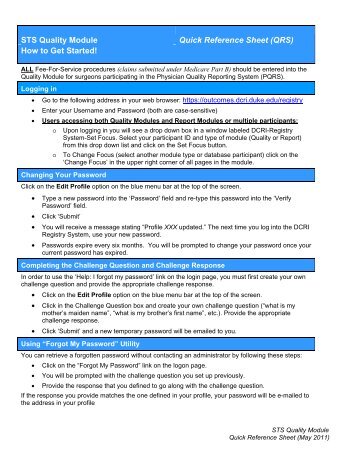 STS Quality Module Quick Reference Sheet (QRS) How to Get Started!