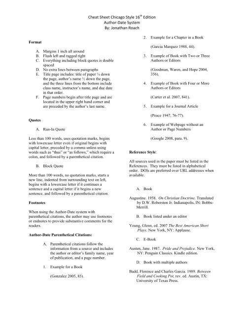Cheat Sheet Chicago Style 16th Edition Author-Date System By ...