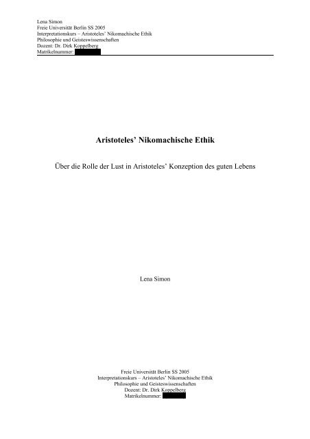 Aristoteles' Nikomachische Ethik - Leena Simon