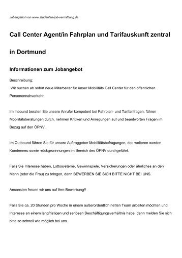 Call Center Agent/in Fahrplan und Tarifauskunft zentral in Dortmund