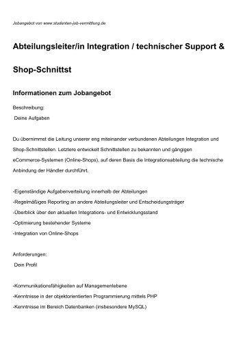 Abteilungsleiter/in Integration / technischer Support & Shop-Schnittst