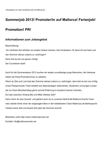 Sommerjob 2013! Promoter/in auf Mallorca! Ferienjob! Promotion! PR!
