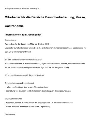 Mitarbeiter für die Bereiche Besucherbetreuung, Kasse, Gastronomie