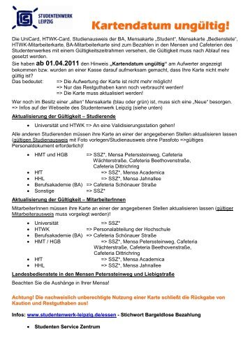 Informationen zu ungültigen Karten - Studentenwerk Leipzig