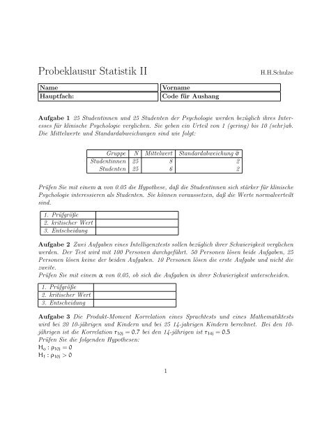 Probeklausur Statistik II