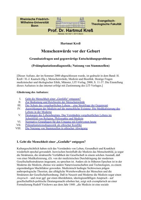 Prof. Dr. Hartmut KreÃ MenschenwÃ¼rde vor der Geburt