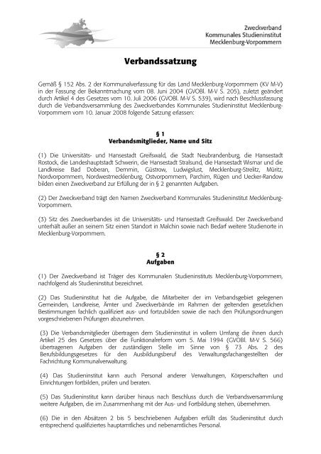 Verbandssatzung - Kommunales Studieninstitut Mecklenburg ...