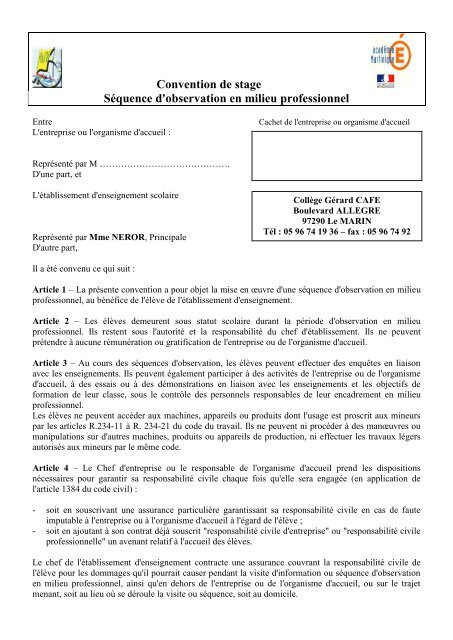 Convention De Stage Sa C Quence D Observation En Milieu Professionnel