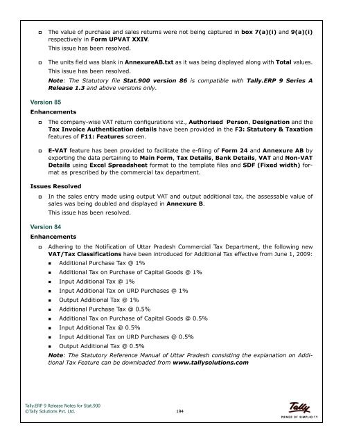 Tally.ERP 9 Series A Release 3.6 Stat.900 Version 174 Release Notes