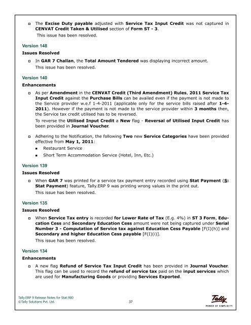 Tally.ERP 9 Series A Release 3.6 Stat.900 Version 174 Release Notes