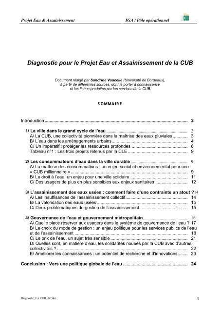 Diagnostic pour le Projet Eau et Assainissement de la CUB