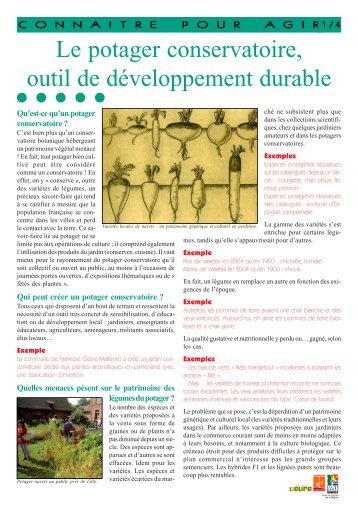 Le potager conservatoire, outil de dÃ©veloppement durable - Arehn