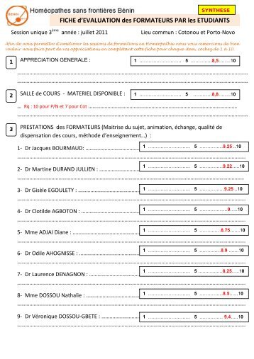 FICHE d'EVALUATION des FORMATEURS PAR les ETUDIANTS