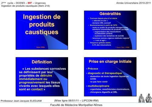 Ingestion de produits caustiques - Faculté de médecine de Montpellier