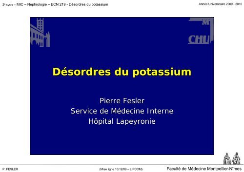 Désordres du potassium - Faculté de médecine de Montpellier