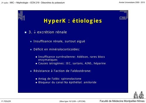 Désordres du potassium - Faculté de médecine de Montpellier