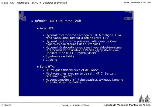 Désordres du potassium - Faculté de médecine de Montpellier