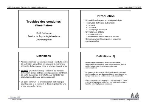 Troubles des conduites alimentaires Introduction - Faculté de ...