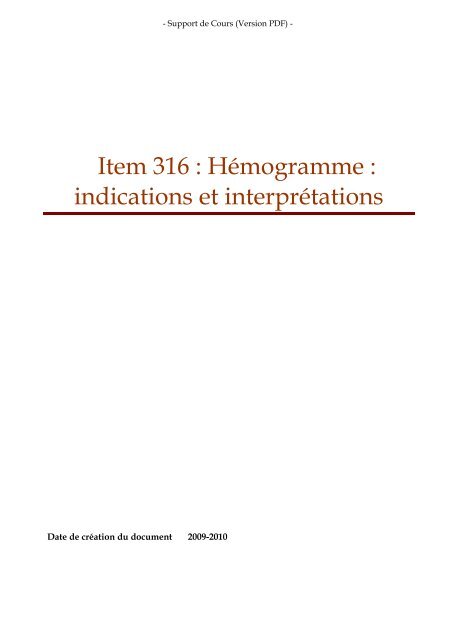 Item 316 : Hémogramme : indications et interprétations