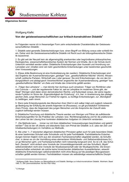 Kritisch Konstruktive Didaktik Klafki 202 W. Klafki. Kritisch- konstruktive Didaktik