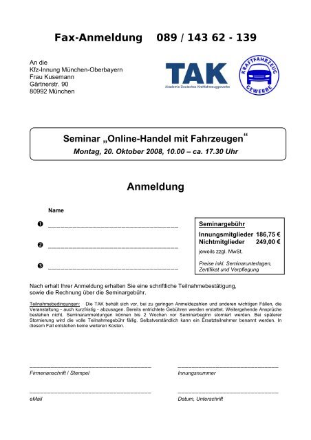 Seminar „Online-Handel mit Fahrzeugen“ - Kfz-Innung