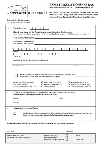 EXMATRIKULATIONSANTRAG - Studium - UniversitÃ¤t Oldenburg