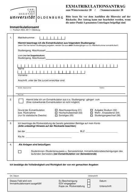 EXMATRIKULATIONSANTRAG - Studium - UniversitÃ¤t Oldenburg