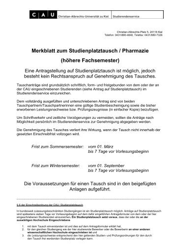 Merkblatt zum Studienplatztausch / Pharmazie - Studierendenservice