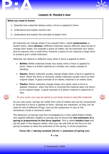 Unit 6 Hookes Law And Epe Work Sheet - Mr Schiff S Physics Topics
