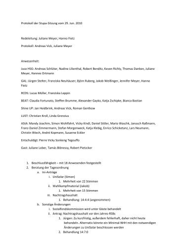 Protokoll der Stupa-Sitzung vom 29. Jun. 2010 Redeleitung: Juliane ...