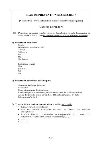 Canevas de rapport sur la mise en oeuvre du plan de prÃ©vention ...