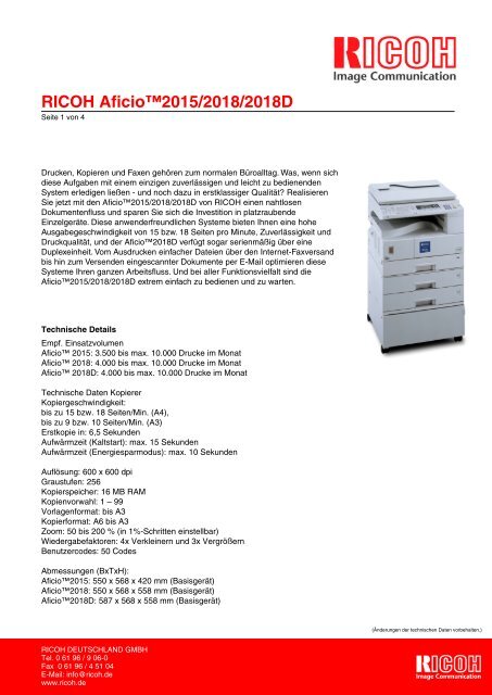 RICOH Aficio™2015/2018/2018D - Digitale Kopierer