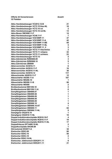 Offerte 44 Verwerterware Anzahl 32 Paletten Akku ...