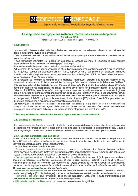 Diagnostic biologique des maladies infectieuses en zones tropicales