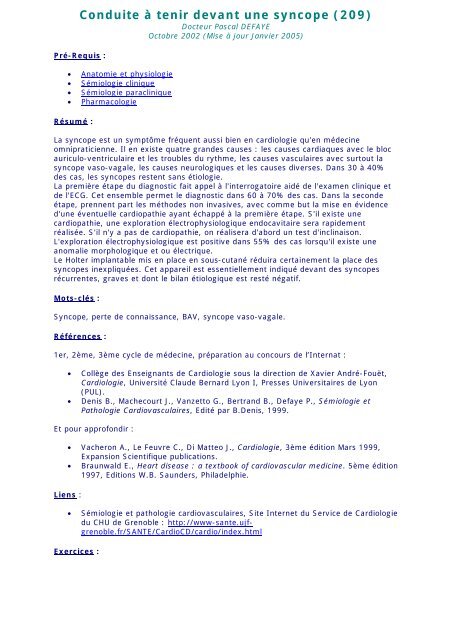 Conduite Ã  tenir devant une syncope (209) - PÃ´le SantÃ© de Grenoble