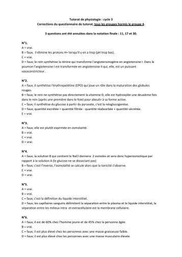 Tutorat de physiologie : cycle 3 Corrections du questionnaire de ...