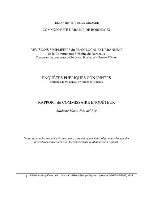 Le rapport et les conclusions du commissaire enquÃªteur - Cub