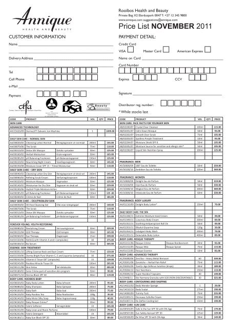 Price List NOVEMBER 2011 - Annique Beauty Salon and Day Spa