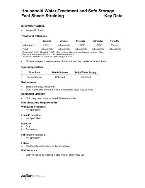 Household Water Treatment and Safe Storage Factsheet: Source ...