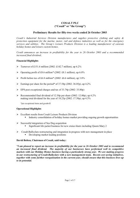 Preliminary Results for fifty-two weeks ended 26 October 2003 - Cosalt