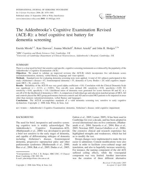 The Addenbrooke's Cognitive Examination Revised (ACE-R): a brief ...