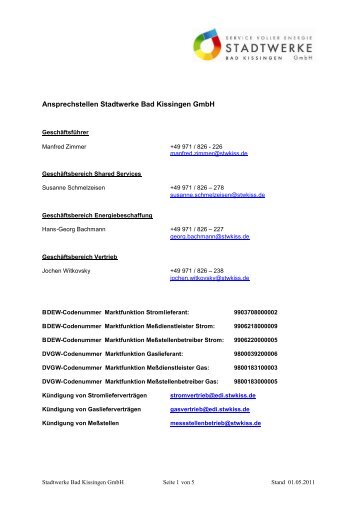 Ansprechstellen Stadtwerke Bad Kissingen GmbH